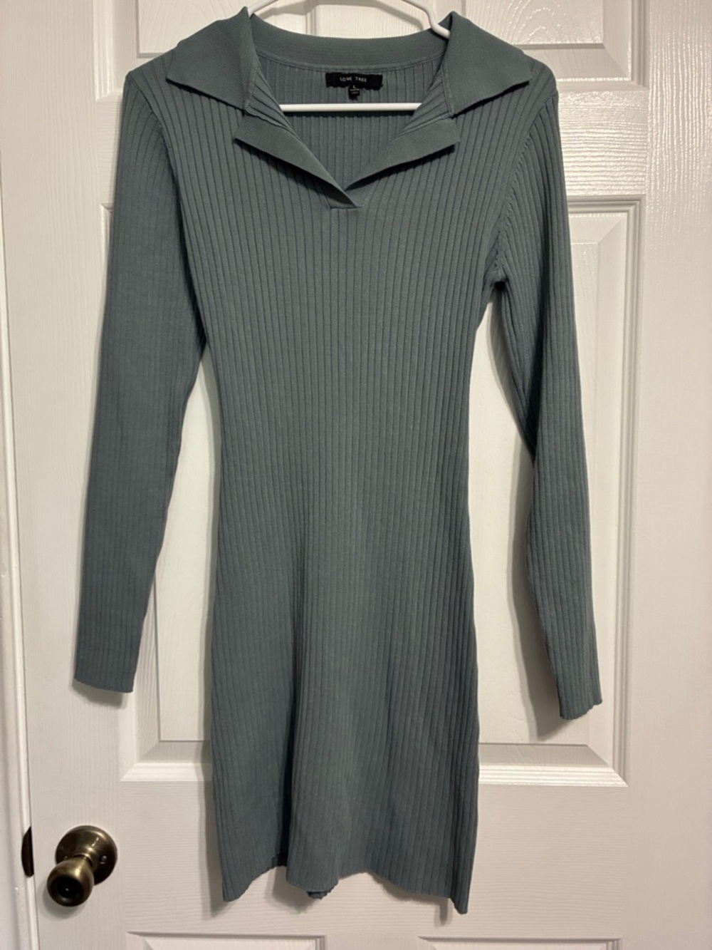 Love Tree Sage Green Ribbed Collared Long-Sleeve Dress